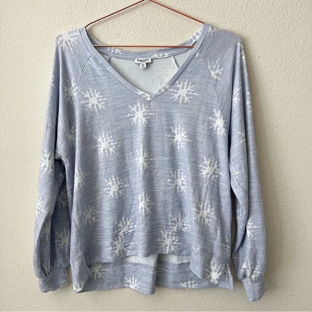 Splendid Zaria V-Neck Lounge PJ top Dusty Blue Snowflake light blue white print
